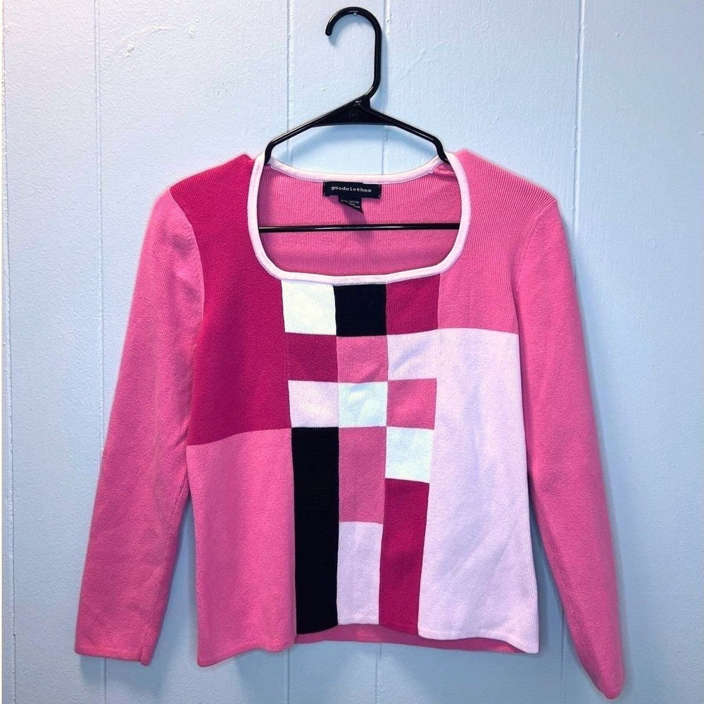 Vintage Womens Pink Colorblock‎ Geometric Square Neck Cotton Sweater Size S